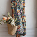 Women's Vintage Flower Art Print Linen Pocket Tunic Dress