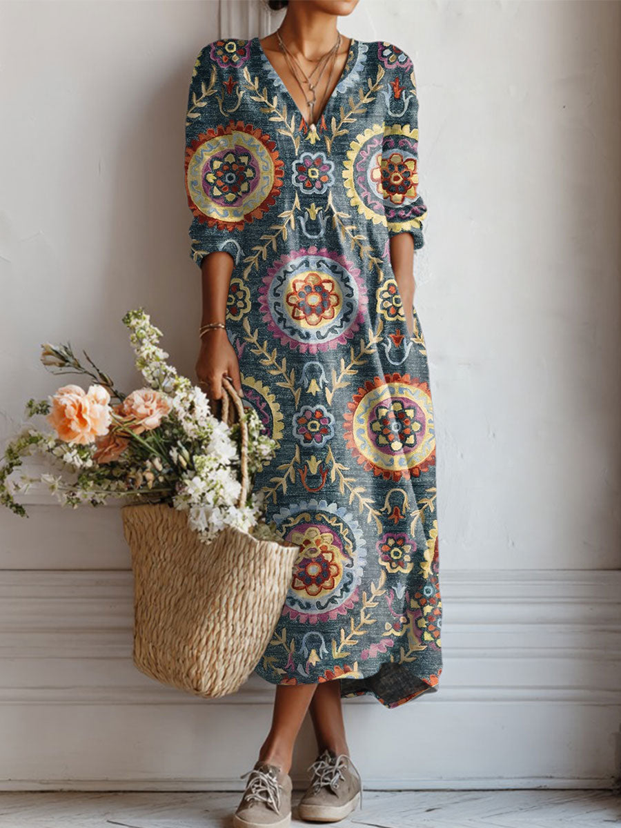 Women's Vintage Flower Art Print Linen Pocket Tunic Dress