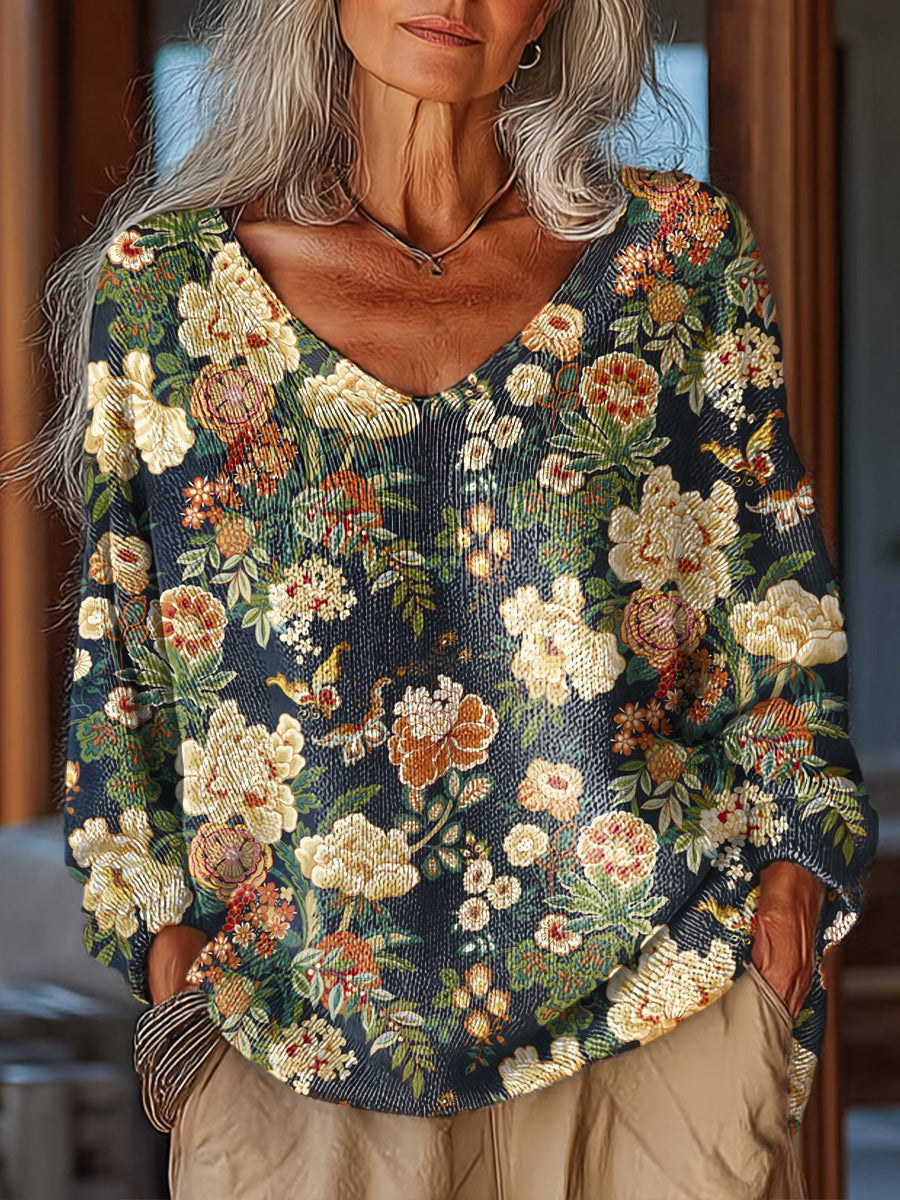 Women's Vintage Beautiful Ethnic Floral Art Print Casual Pullover Sweater