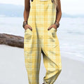 Women's Yellow Art Grid Print Casual 100% Cotton Wide Leg Jumpsuit