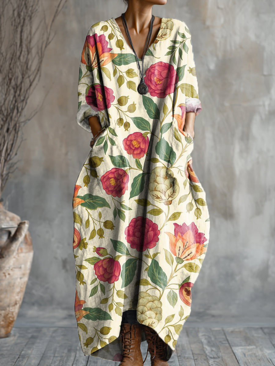 Women's Beautiful Flower Painting Art Print Pocket V-neck Cotton Dress