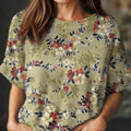 womens vintage floral art print casual crew neck short sleeve knitted sweater