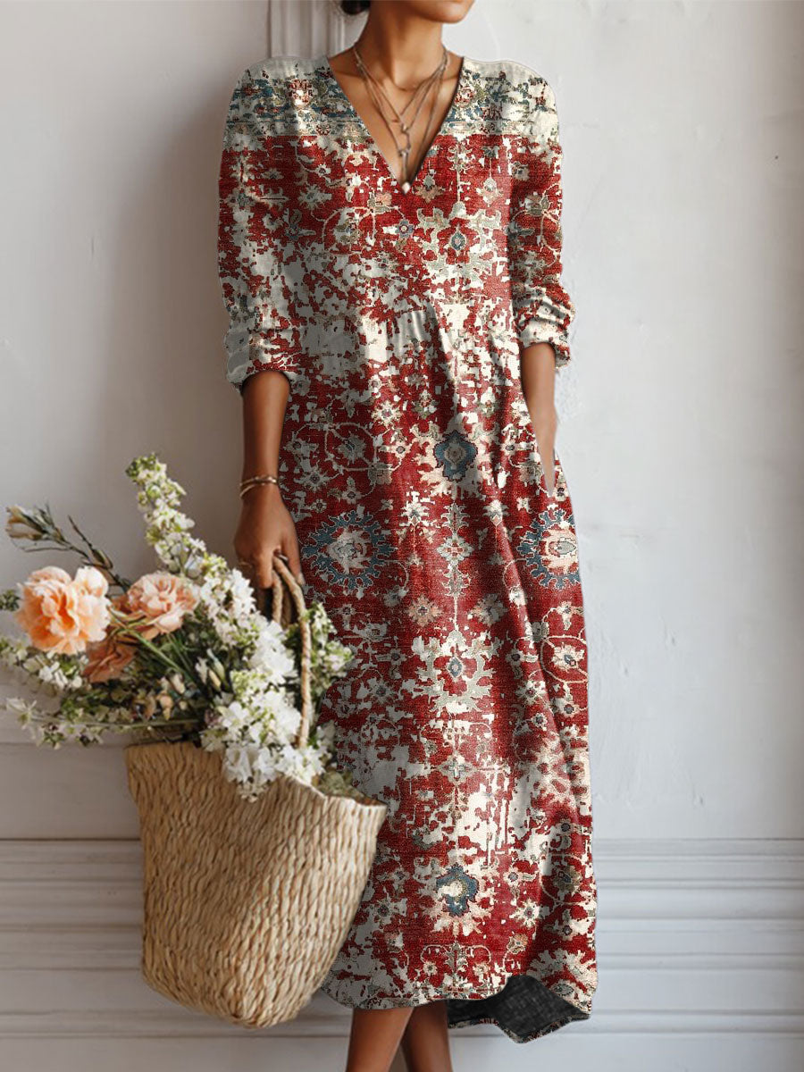 Women's Vintage Flower Art Print Linen Pocket Tunic Dress