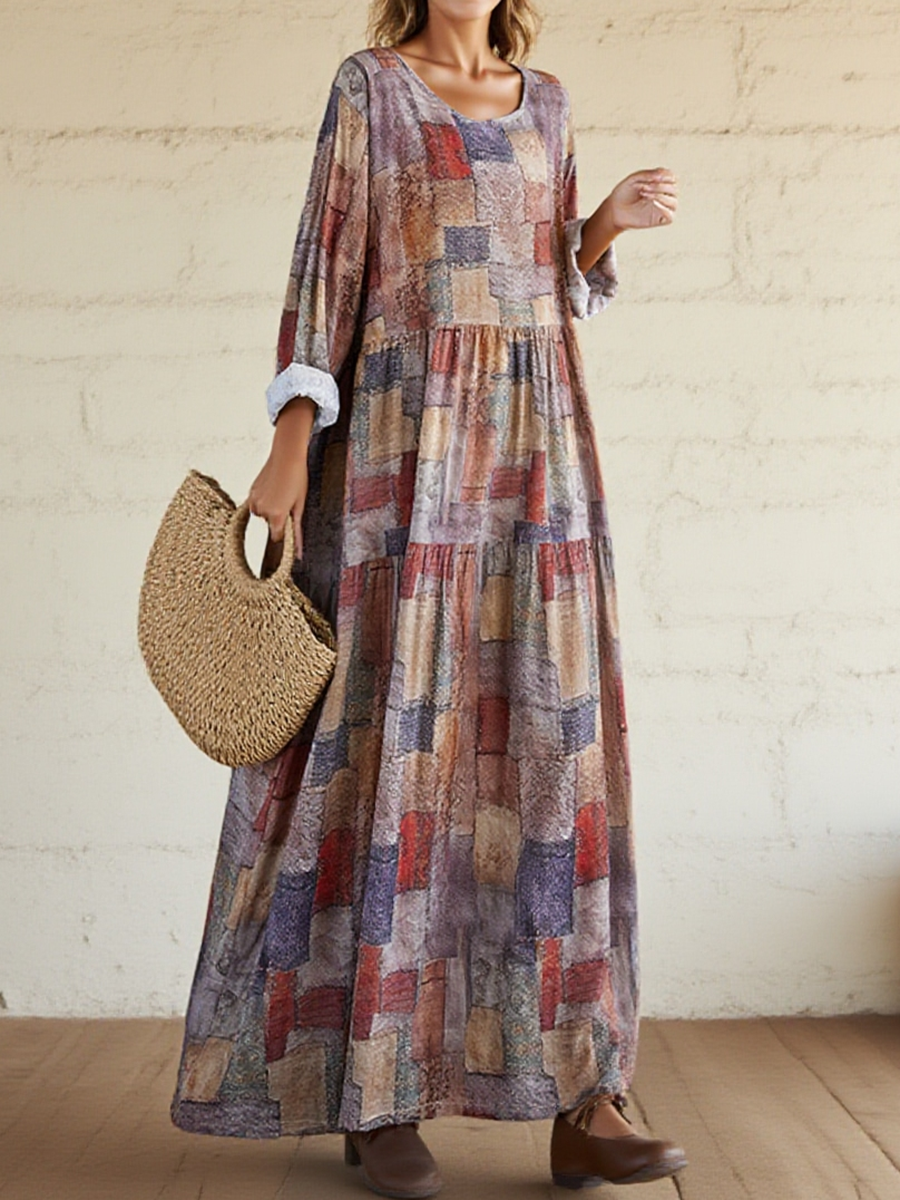 Women's Loose Plaid Splicing Printed Cotton Dress