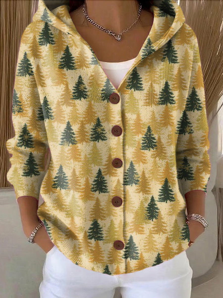 Women's Beautiful Winter Christmas Tree Drawing Art Print Casual Hooded Button Sweater