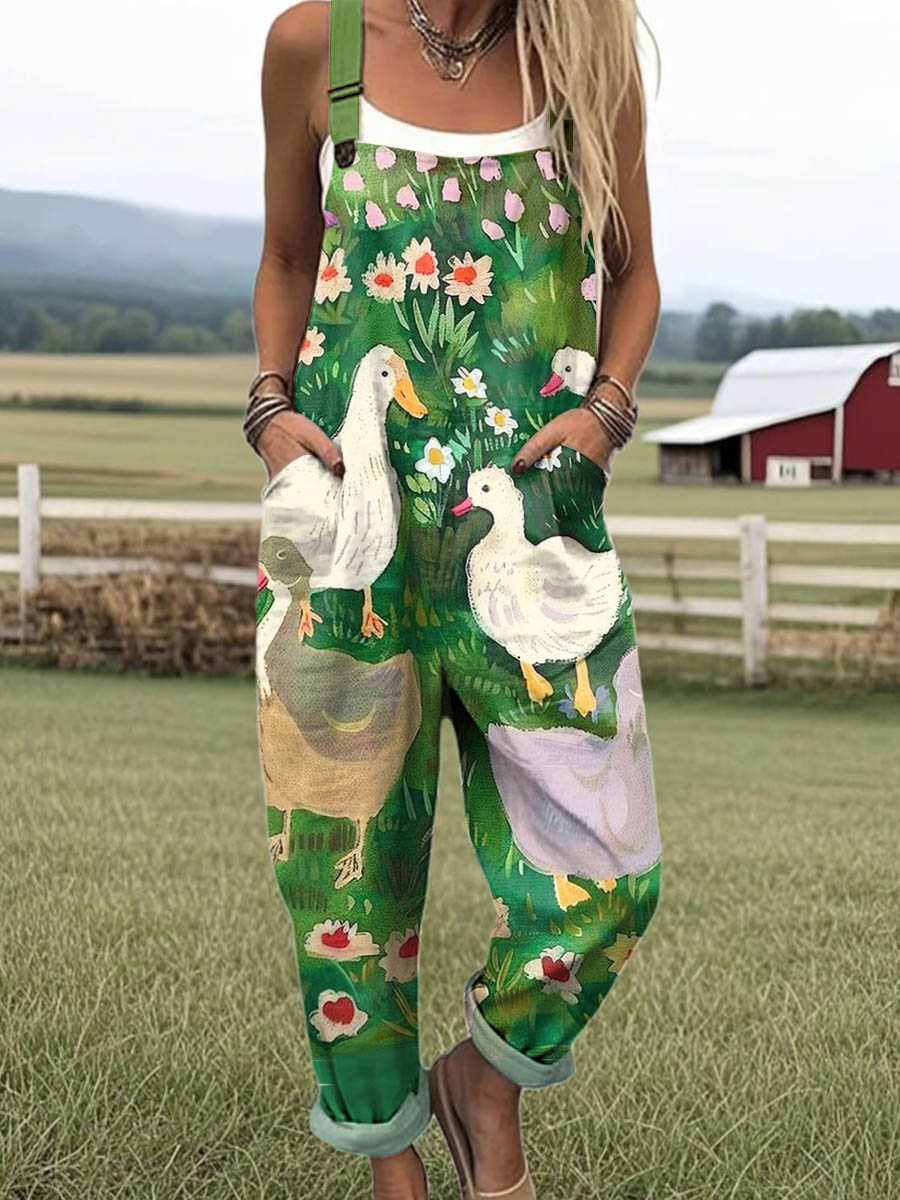 Women's Lovely Duck Pattern Art Print Casual 100% Cotton Wide Leg Jumpsuit