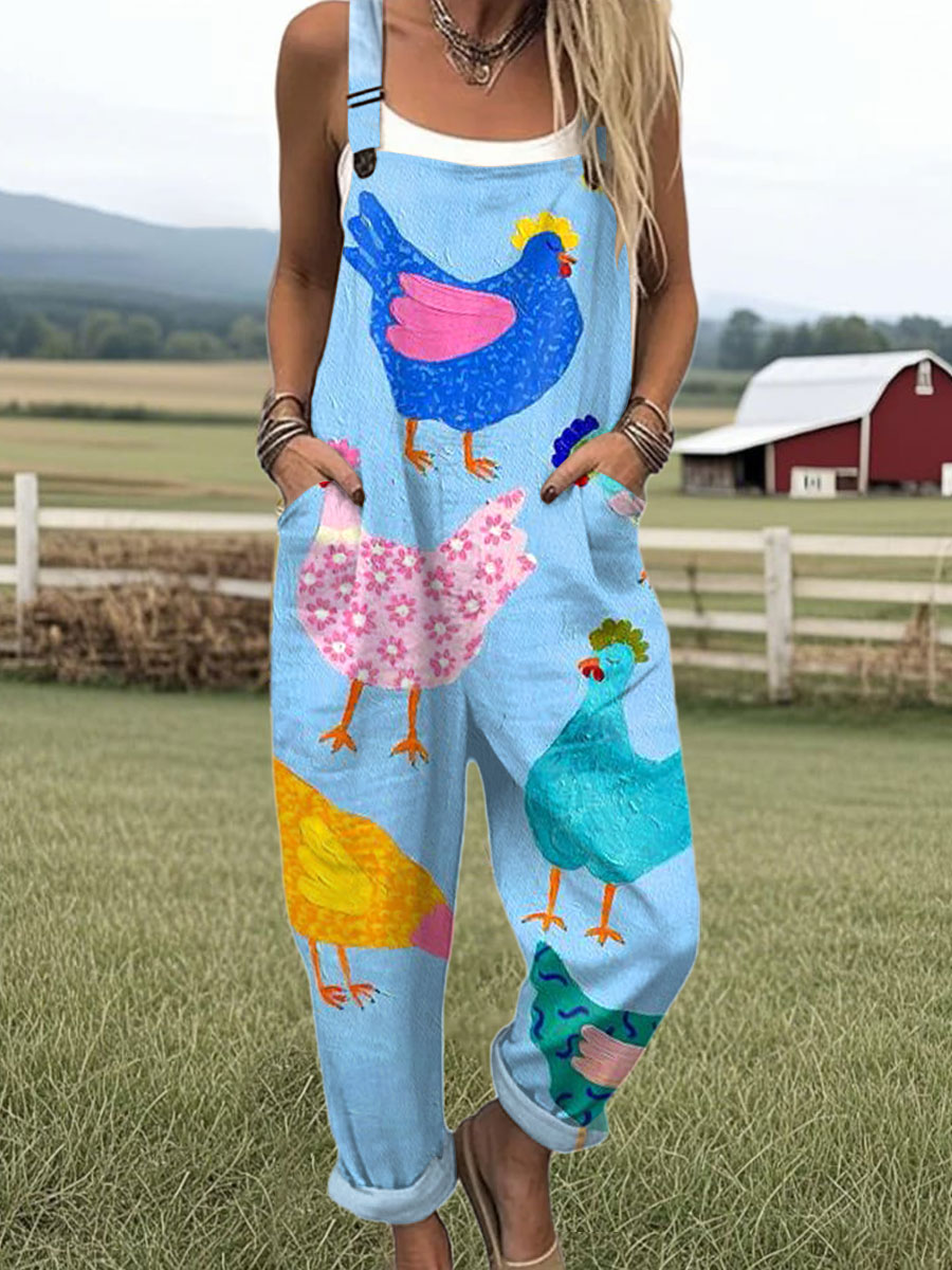 Women's  Funny Chick Art Print Casual 100% Cotton Wide Leg Jumpsuit