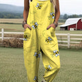 Women's Lovely Bees Art Print Casual 100% Cotton Wide Leg Jumpsuit