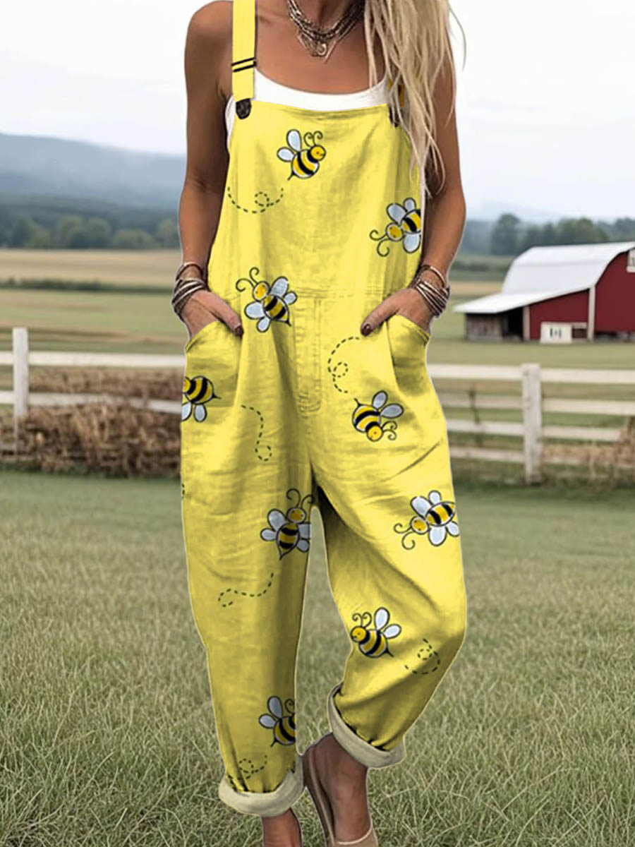 Women's Lovely Bees Art Print Casual 100% Cotton Wide Leg Jumpsuit