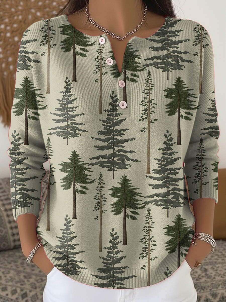 Women's Christmas Tree Art Print Buttoned Cardigan Sweater