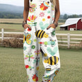 Women's Fun Cartoon Abstract Bee Print Casual 100% Cotton Wide Leg Jumpsuit
