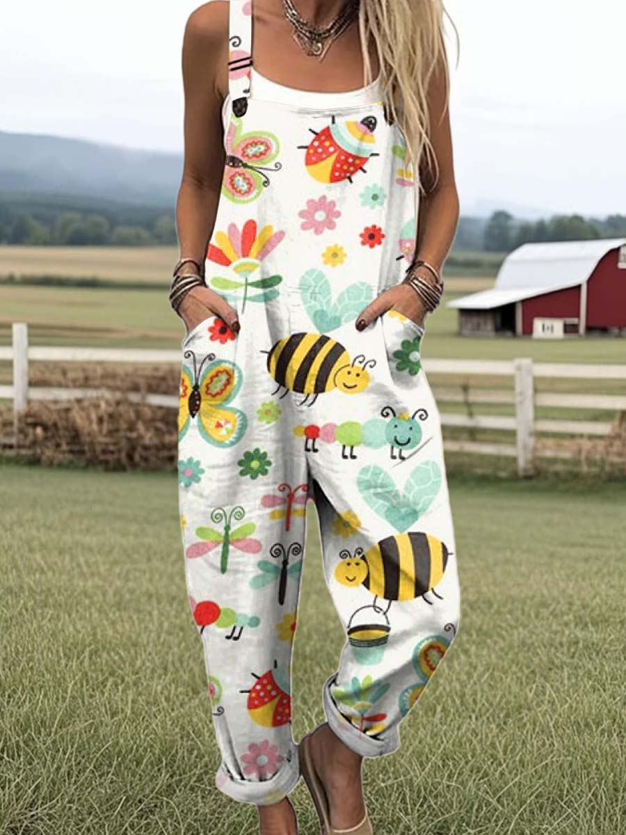 Women's Fun Cartoon Abstract Bee Print Casual 100% Cotton Wide Leg Jumpsuit