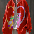 Women's Red Heart Cat Print Casual Cotton And Linen Ruffle Shirt