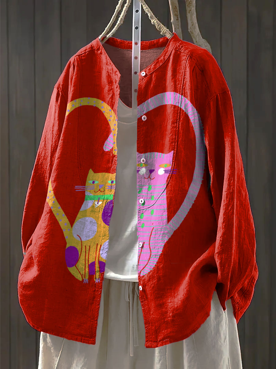 Women's Red Heart Cat Print Casual Cotton And Linen Ruffle Shirt