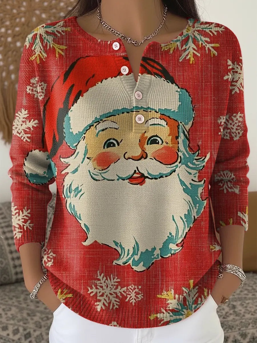 Vintage Christmas Santa  Art Print Buttoned Cardigan Sweater