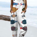 Women's Farm Funny Fish Art  Print Casual 100% Cotton Wide Leg Jumpsuit