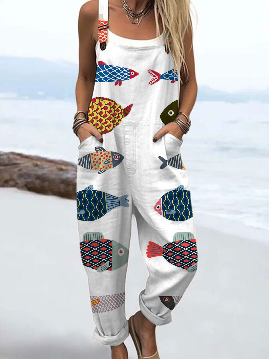 Women's Farm Funny Fish Art  Print Casual 100% Cotton Wide Leg Jumpsuit