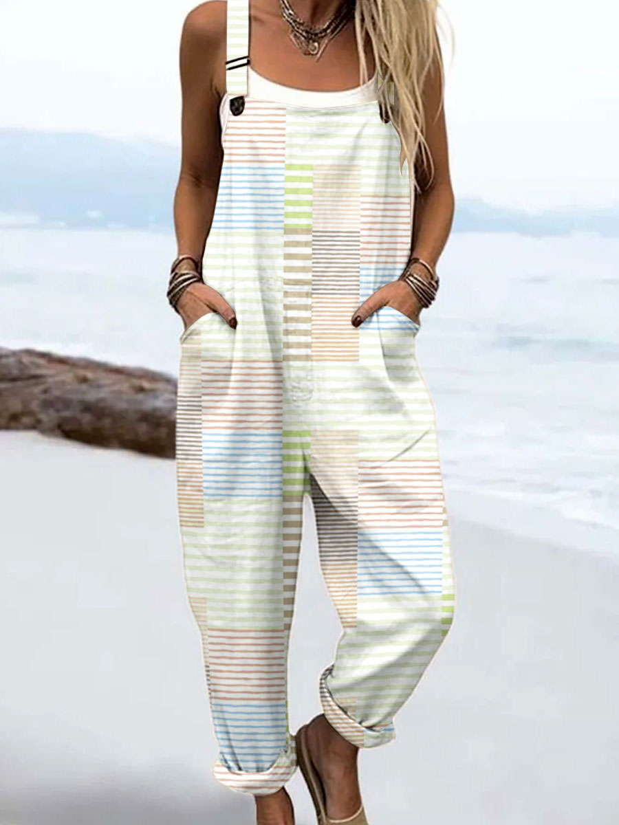 Women's Vintage Abstract Geometric Line Art Print Casual 100% Cotton Wide Leg Jumpsuit