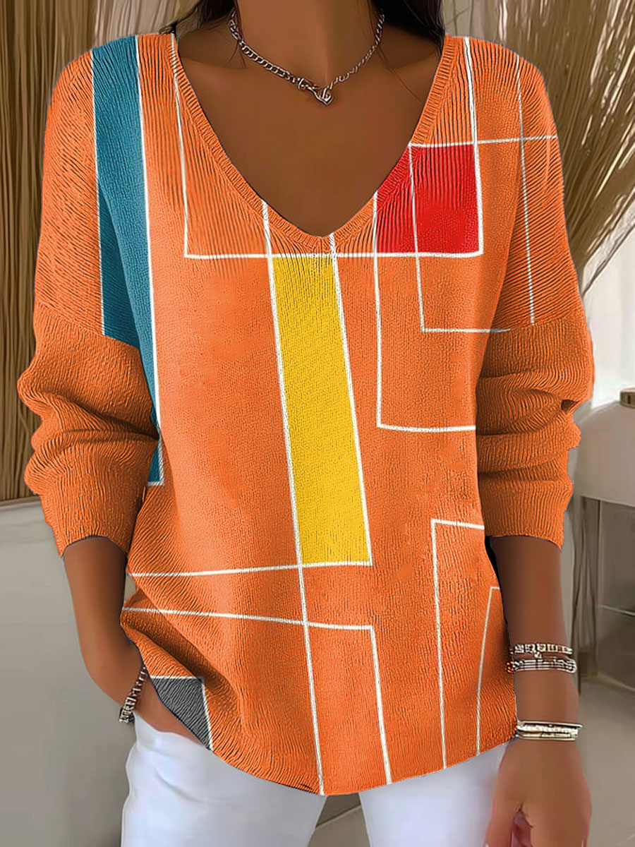 womens-orange-abstract-artwork-colorful-casual-print-pullover-sweater