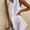 Women's Casual Cotton-Linen Solid Color Dress with Embroidered Ruffles