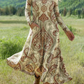 Women's Beautiful Ethnic Floral Painting Art Print Long-sleeved Dress