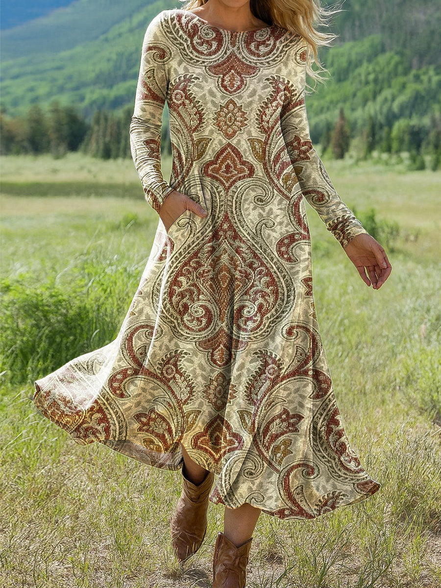 Women's Beautiful Ethnic Floral Painting Art Print Long-sleeved Dress