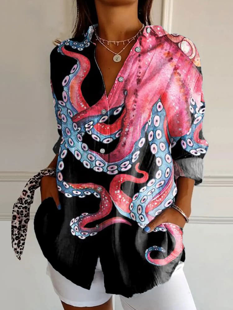 Women's  Octopus  Art Print Casual Cotton Shirt