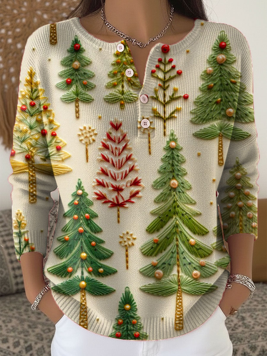 Women's Christmas Tree Art Print Buttoned Cardigan Sweater