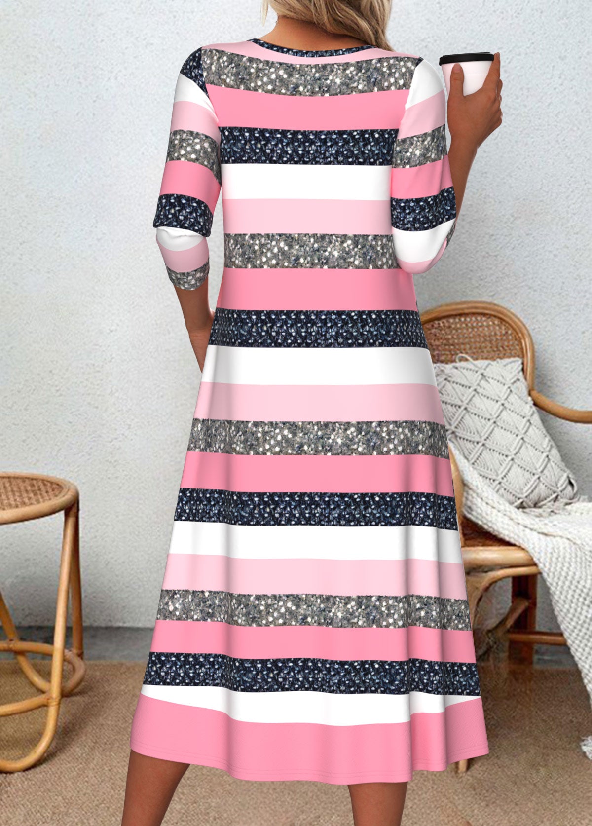 Pink Patchwork Striped A Line 3/4 Sleeve Dress