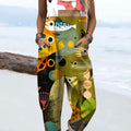 Women's Retro Abstract Fish Art Print Casual 100% Cotton Wide Leg Jumpsuit