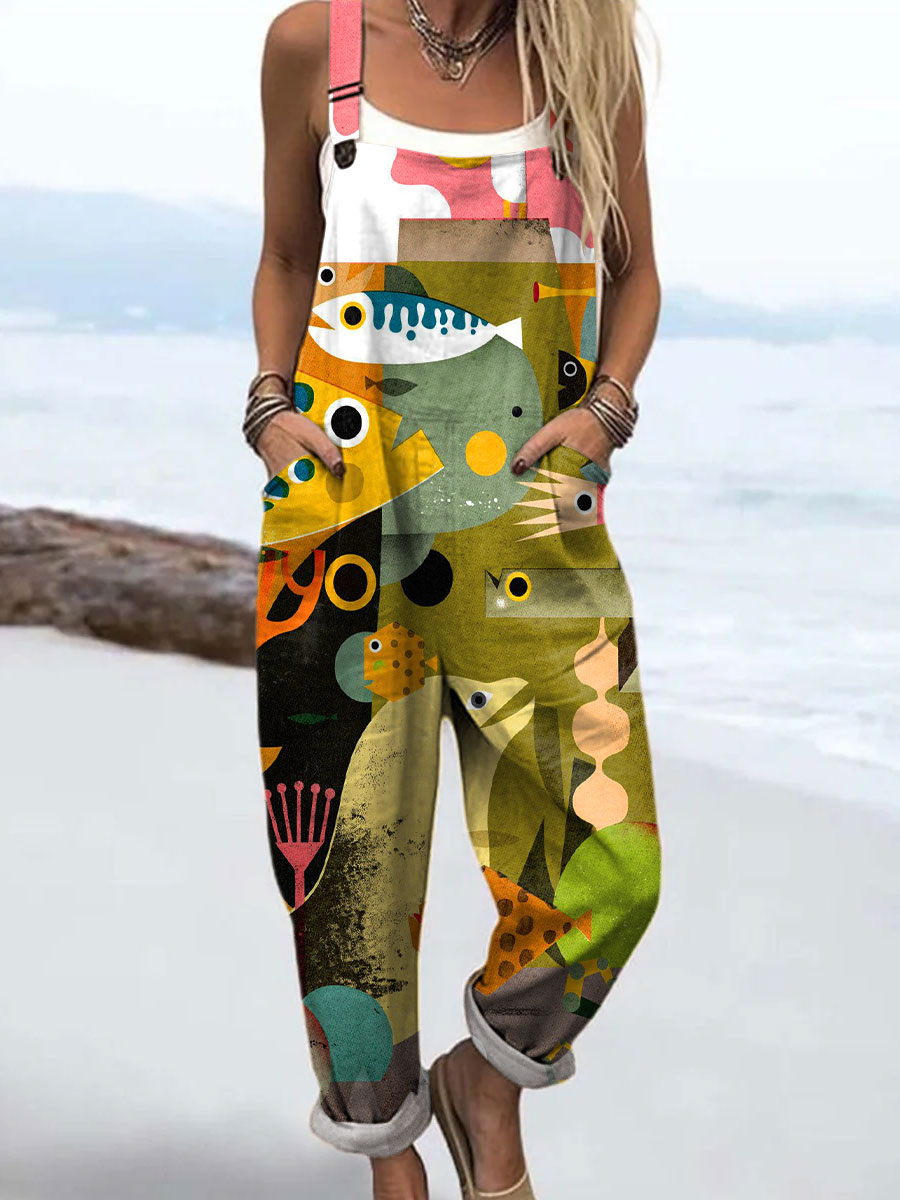 Women's Retro Abstract Fish Art Print Casual 100% Cotton Wide Leg Jumpsuit