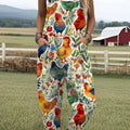 Women's  Funny Rooster Art Print Casual 100% Cotton Wide Leg Jumpsuit