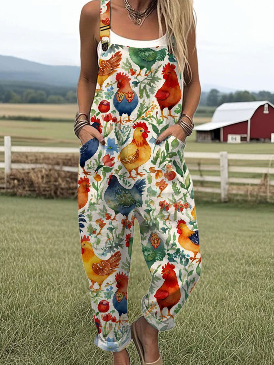 Women's  Funny Rooster Art Print Casual 100% Cotton Wide Leg Jumpsuit