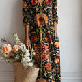 Women's Vintage Flower Art Print Linen Pocket Dress
