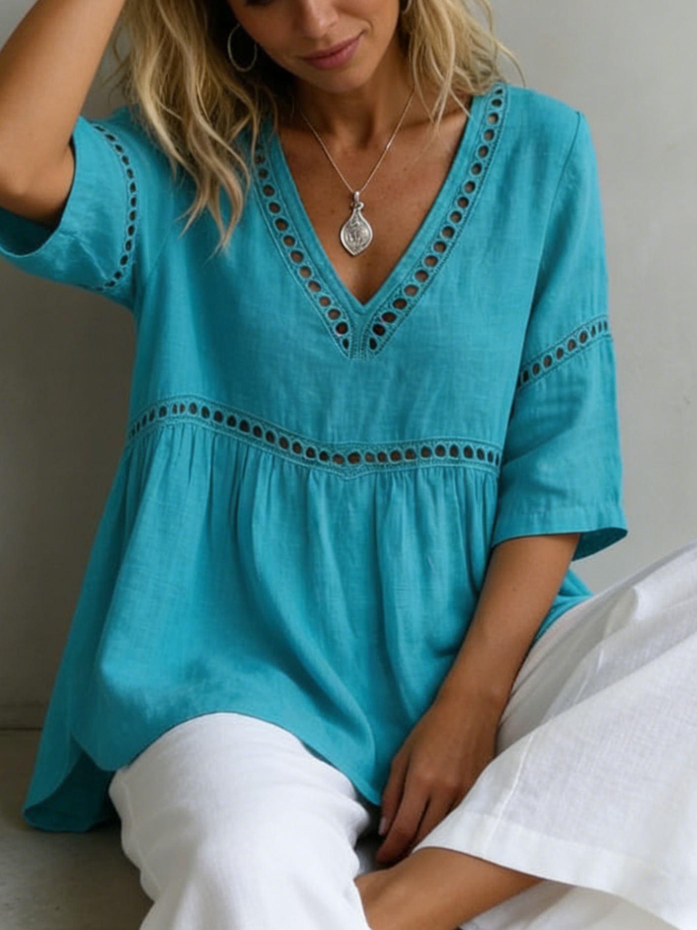 Cozy V-neck Cotton-linen Blouse With Openwork Lace Paneling