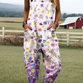 Women's Vintage Floral Art Print Casual 100% Cotton Wide Leg Jumpsuit