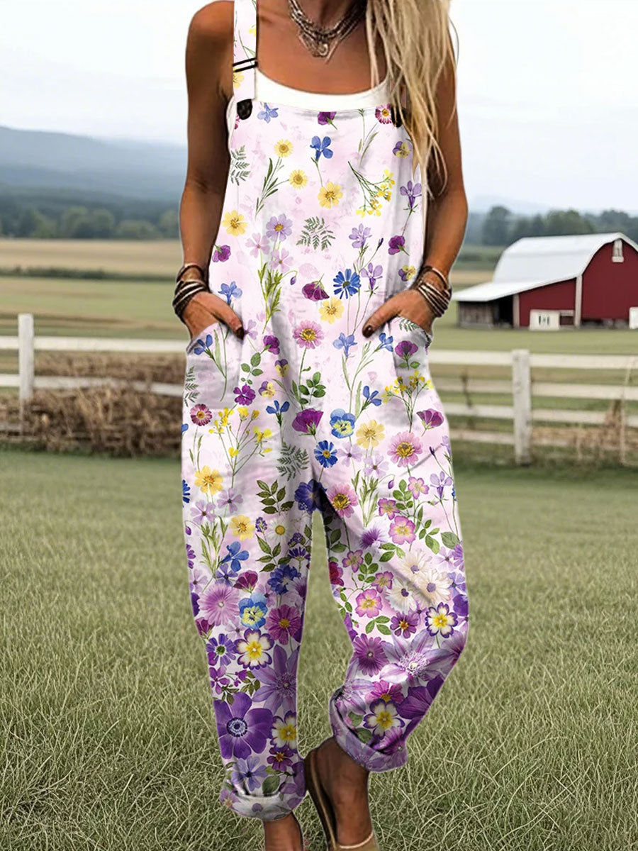 Women's Vintage Floral Art Print Casual 100% Cotton Wide Leg Jumpsuit