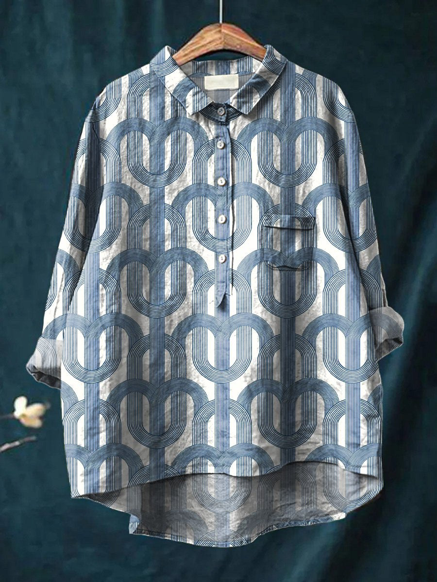 Contemporary Geometric Repeat Pattern Printed Women's Casual Cotton And Linen Shirt