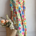 Women's Vintage Flower Art Print Linen Pocket Dress