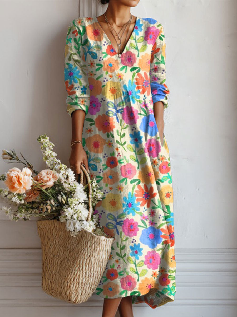 Women's Vintage Flower Art Print Linen Pocket Dress