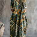 Women's Vintage Abstract Geometric Floral Art Print Pocket V-neck Cotton Dress