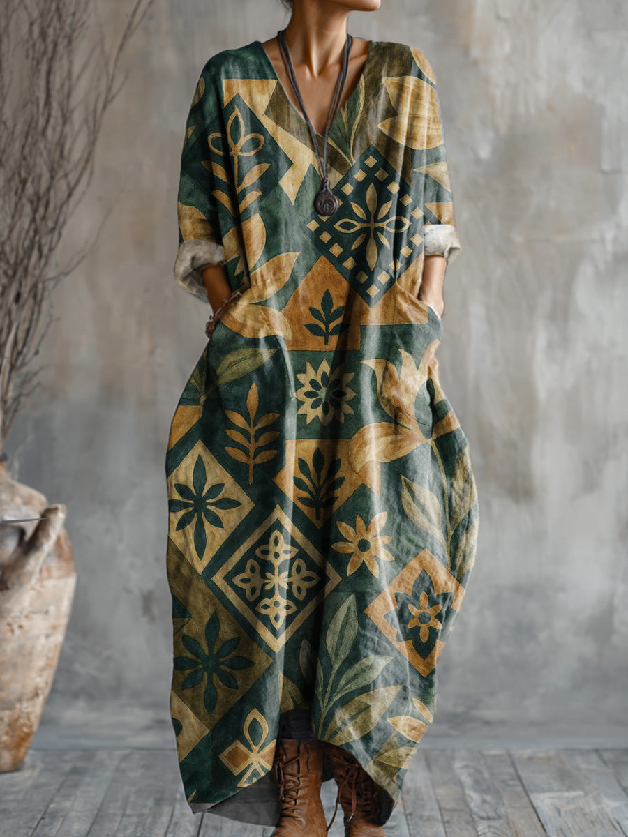 Women's Vintage Abstract Geometric Floral Art Print Pocket V-neck Cotton Dress
