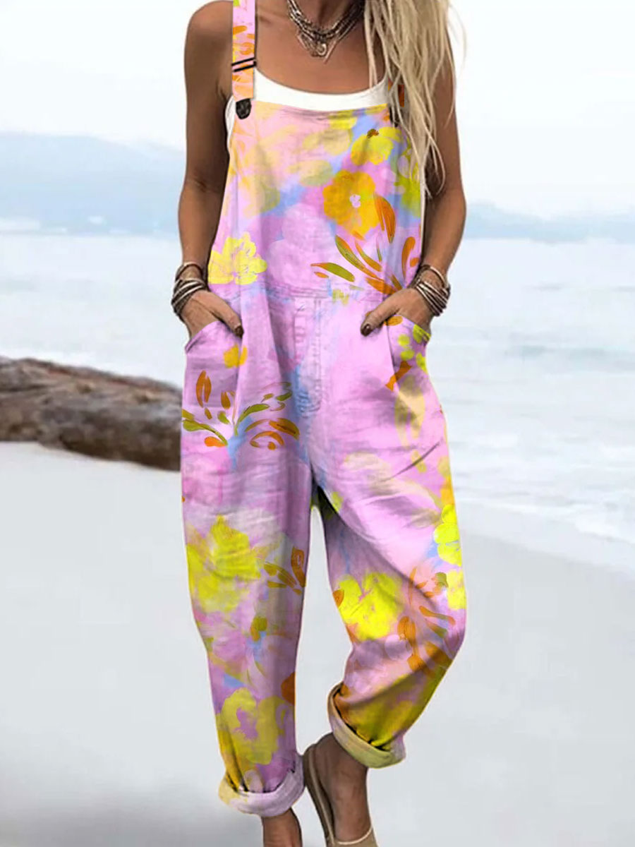 Women's Vintage Floral Art Print Casual 100% Cotton Wide Leg Jumpsuit