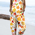 Women's Autumn Creative Maple Leaves Print Casual 100% Cotton Wide Leg Jumpsuit