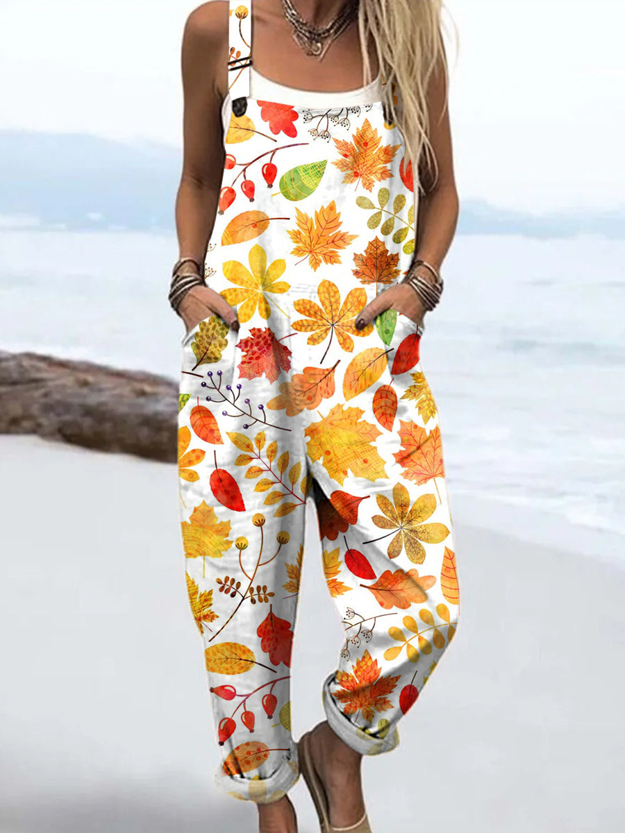 Women's Autumn Creative Maple Leaves Print Casual 100% Cotton Wide Leg Jumpsuit