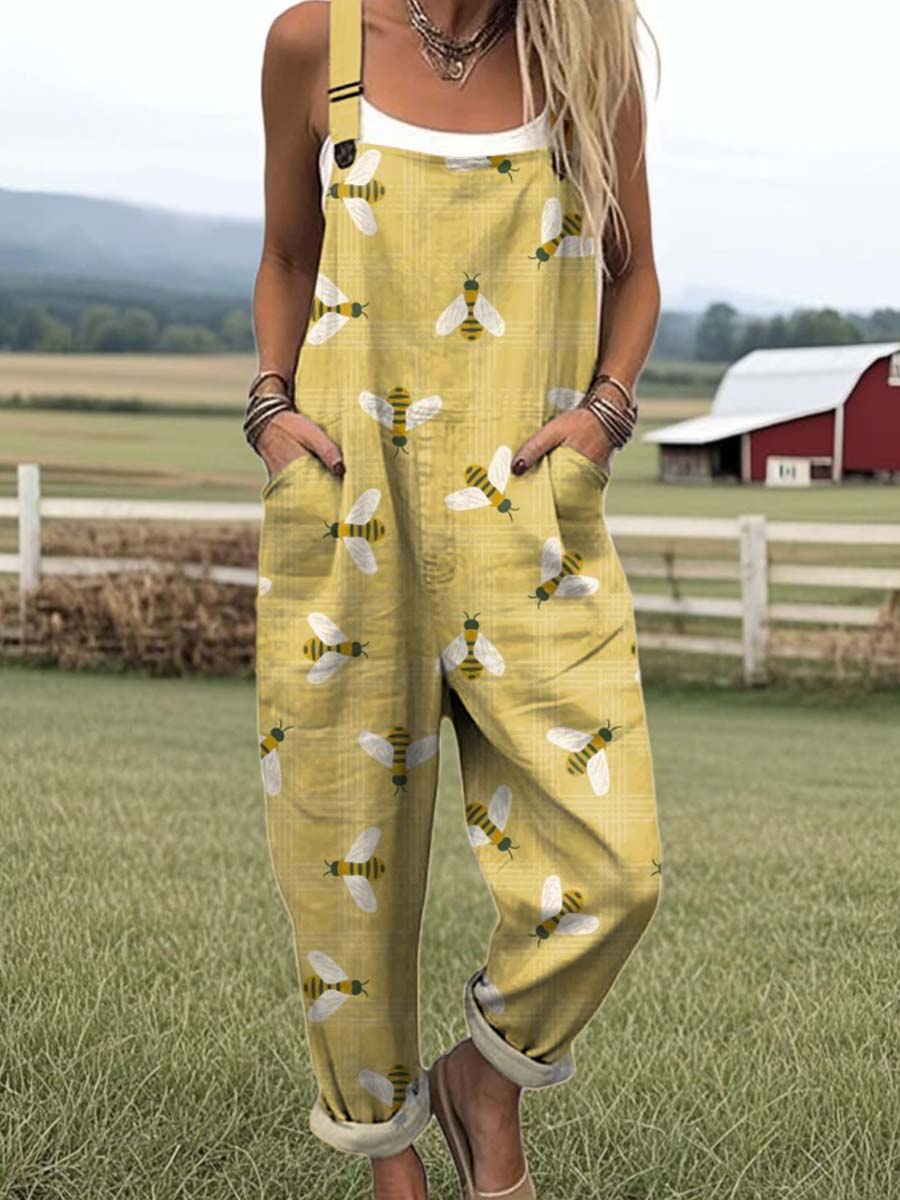 Women's Lovely Bees Art Print Casual 100% Cotton Wide Leg Jumpsuit