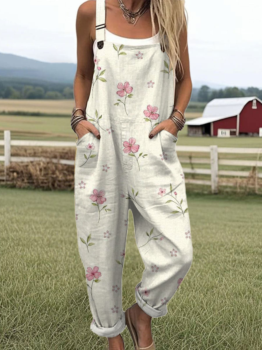 Women's  Vintage Flower Art Print Casual 100% Cotton Wide Leg Jumpsuit