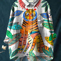 Women's Vintage Jungle Tiger Colourful Canvas Print Casual Cotton And Linen Shirt