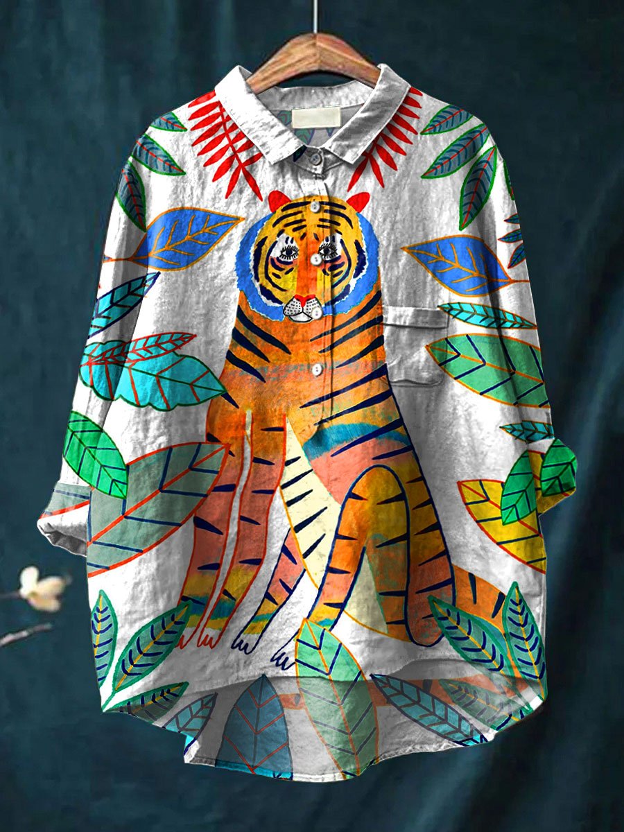 Women's Vintage Jungle Tiger Colourful Canvas Print Casual Cotton And Linen Shirt
