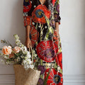 Women's Vintage Flower Art Print Linen Pocket Dress